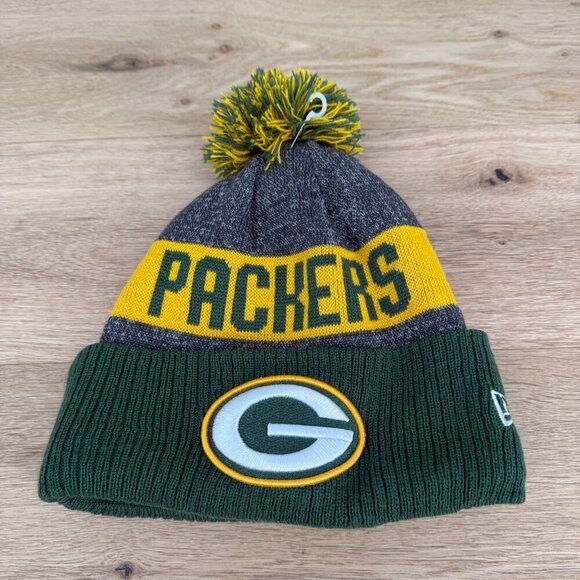 New Era Green Bay Packers Pom Beanie Knit Hat OSFM Gray Yellow NFL Fleece NWOT - Picture 1 of 7